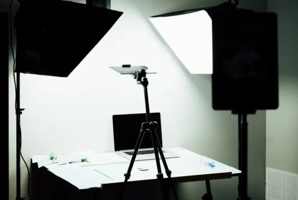 light set on a table with laptop and soft boxes